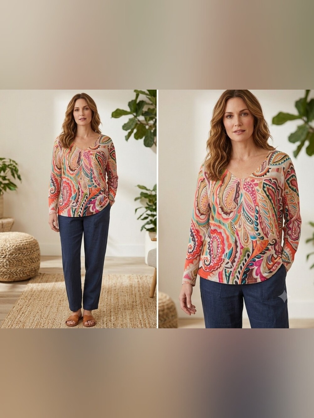 Chico's Multicolor Paisley Scoop-Neck Long Sleeve Top